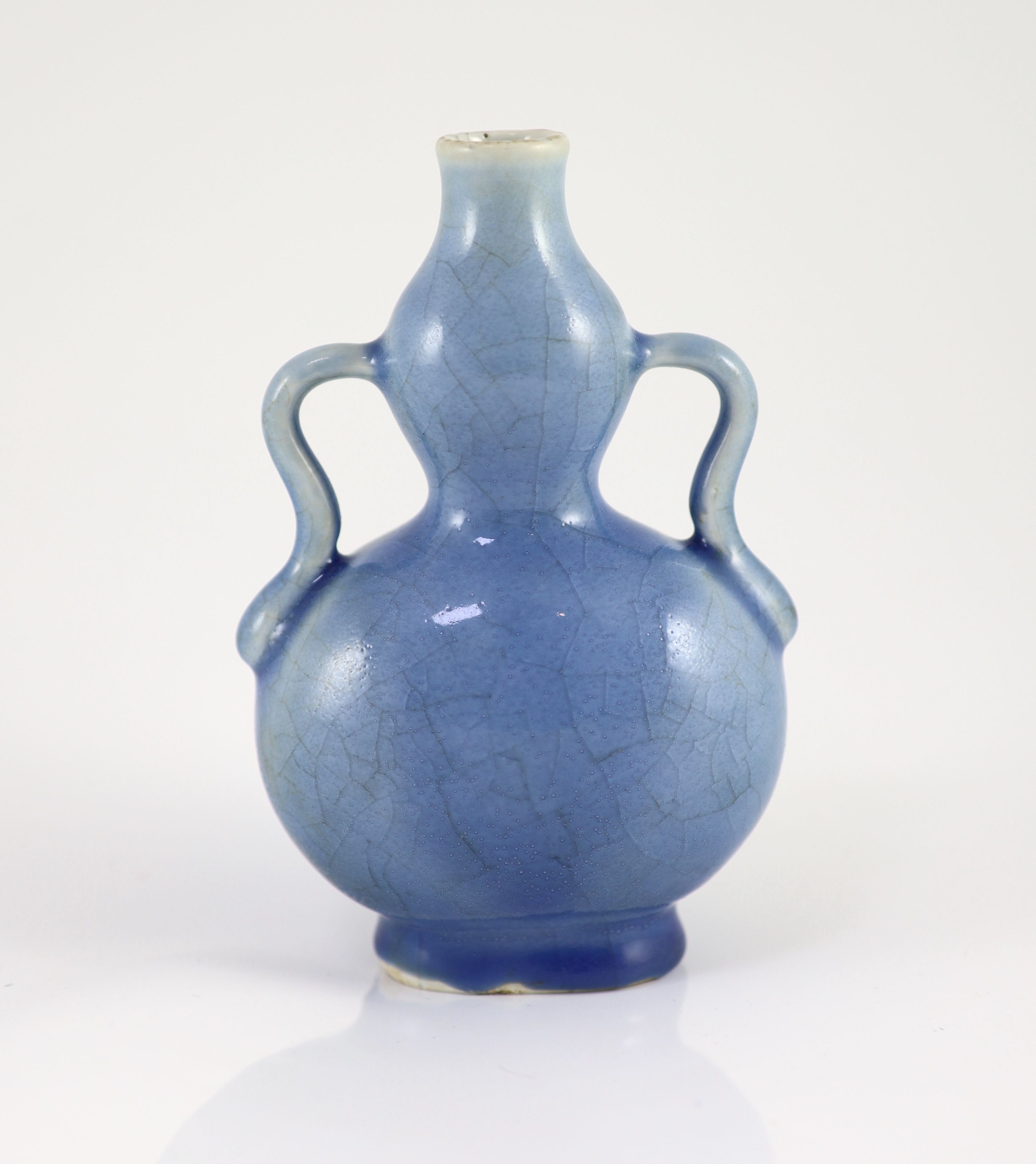 A Chinese blue crackle glazed double gourd flask, Qianlong seal mark, probably 19th century, 17cm high